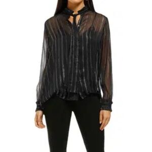 Milly Sheer Black Gold Striped Top with detachable Camisole and Scarf Sz2